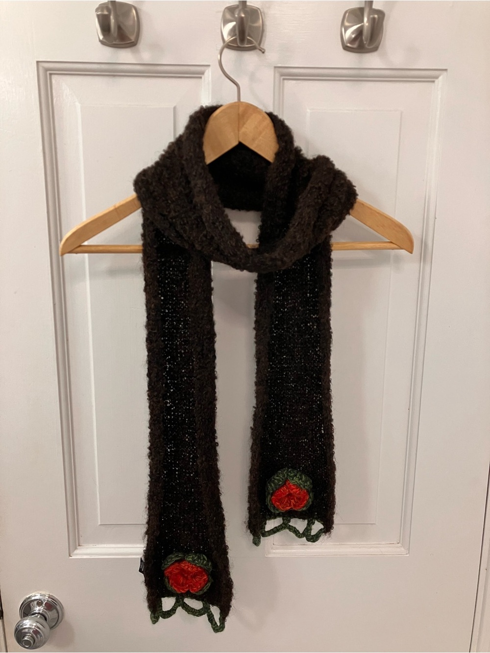 Handmade wool Dark Brown Knit Scarf with Red green flower Appliqués by Tabask